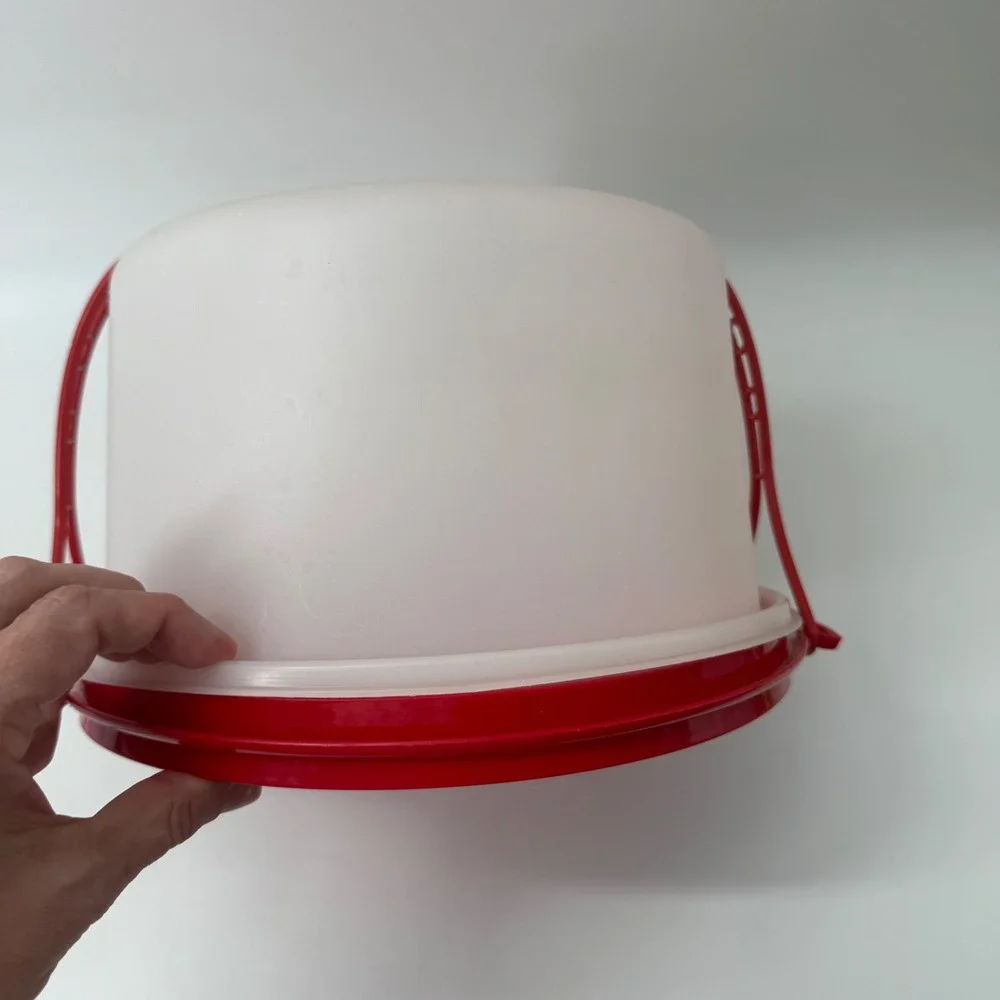 Tupperware Round Cake Taker Carrier 683 Sheer White Red Handle 9.5 Inch